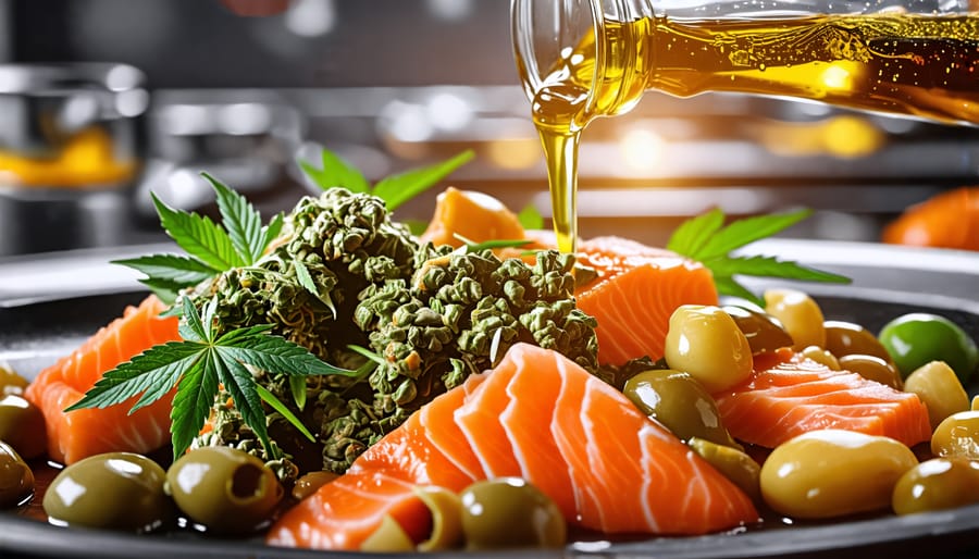 A chef in a modern kitchen infusing cannabis oil into a dish, surrounded by ingredients like cannabis leaves, olive oil, and traditional Canadian foods such as salmon, showcasing the blend of cannabis flavors with Canadian cuisine.