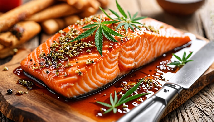 Maple-glazed salmon infused with cannabis flavors displayed elegantly on a plate