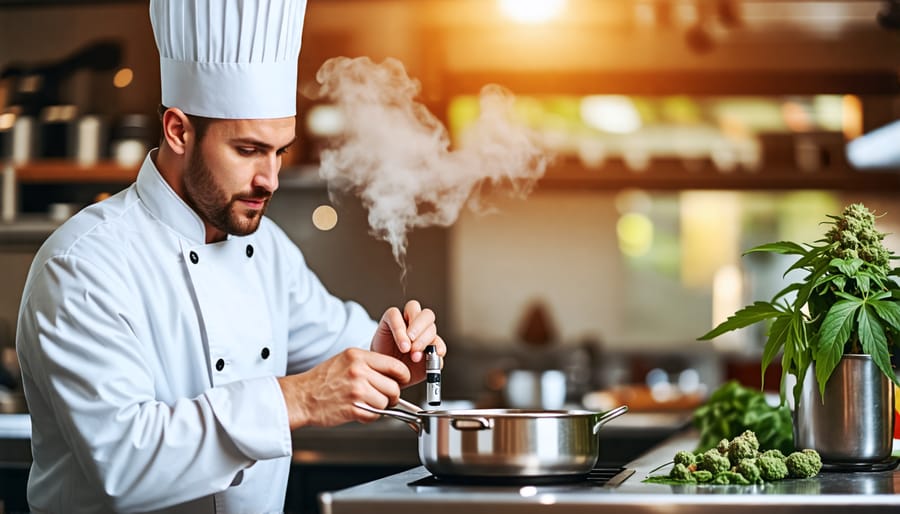 A culinary professional demonstrating the use of a THC vaping cartridge for flavor infusion