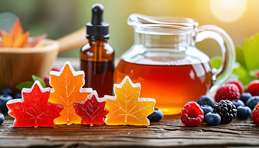 An assortment of homemade Canadian THCA gummies in maple leaf shapes, paired with ingredients like fresh Saskatoon berries, a pitcher of maple syrup, and a THCA tincture bottle, set on a rustic wooden table.