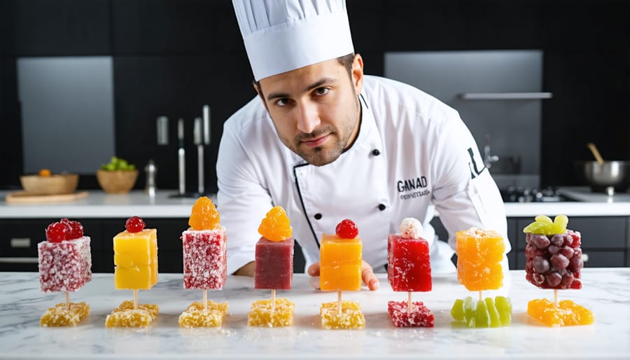 A Canadian chef prepares and displays unique freeze-dried candy innovations next to traditional equipment