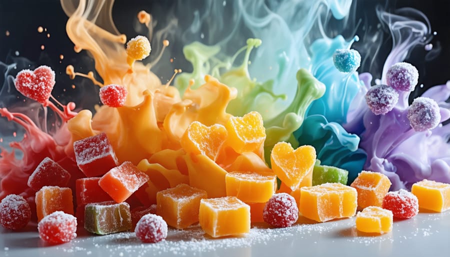 A colorful display of freeze-dried maple candies and rainbow treats in a modern Canadian kitchen setting, showcasing the transformation process with imaginative vapor effects and textures that highlight the essence of Canadian culinary heritage.